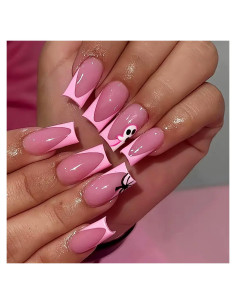 24 Uñas Postizas Cortas Halloween Rosa Fantasmas FDSQHSA