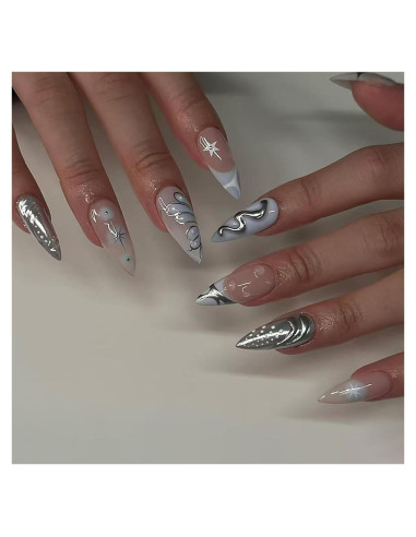 24 Uñas Postizas Almendra ASABITE Punta Francesa Azul