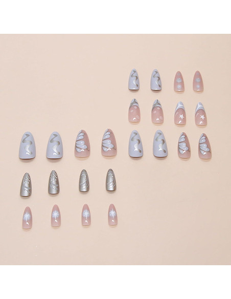 24 Uñas Postizas Almendra ASABITE Punta Francesa Azul