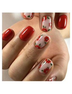Uñas Postizas Cortas Cuadradas RUPOFUZA 24Pcs Diseño Flores Rojas