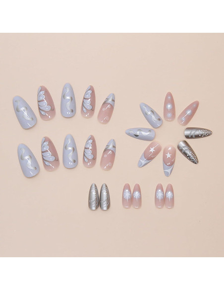 24 Uñas Postizas Almendra ASABITE Punta Francesa Azul