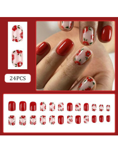 Uñas Postizas Cortas Cuadradas RUPOFUZA 24Pcs Diseño Flores Rojas 2