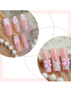 Uñas Postizas Largas RUOKEXIN 24Pcs Brillantes Punta Francesa 2