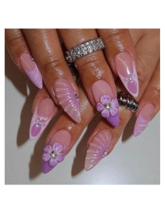 Uñas Postizas 3D Flores Moradas XMMXNBJ 24 Pcs