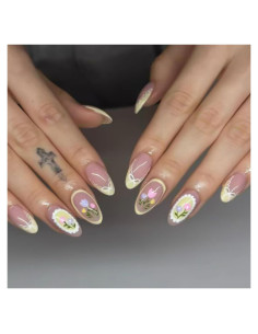 Uñas Postizas KSTBJN Almendra Francesa con Flores 24 Piezas