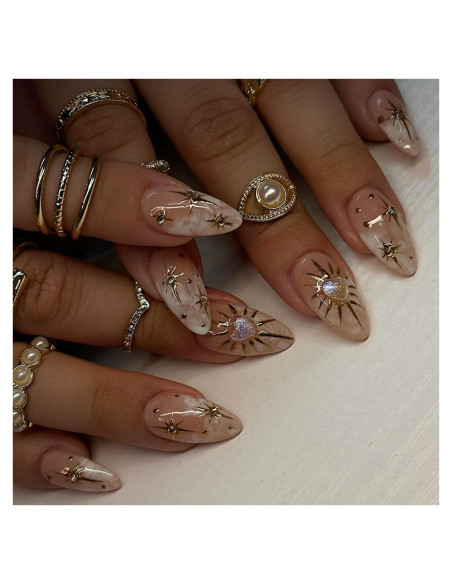 24 Uñas Postizas Almendra KSTBJN Acrílicas Brillantes