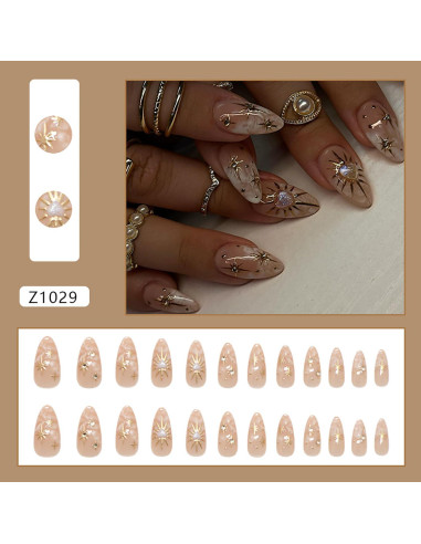 24 Uñas Postizas Almendra KSTBJN Acrílicas Brillantes