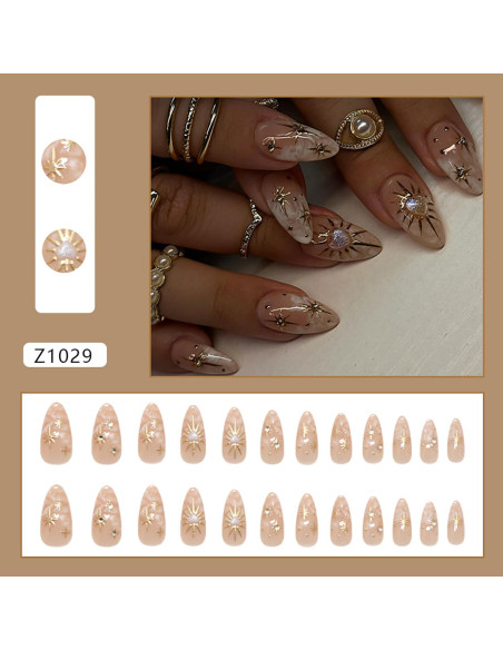 24 Uñas Postizas Almendra KSTBJN Acrílicas Brillantes