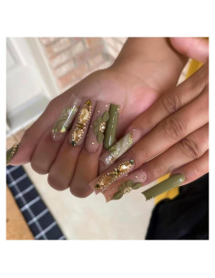 Uñas Postizas Largas RTKHFZ Cuadradas Verdes con Rhinestones