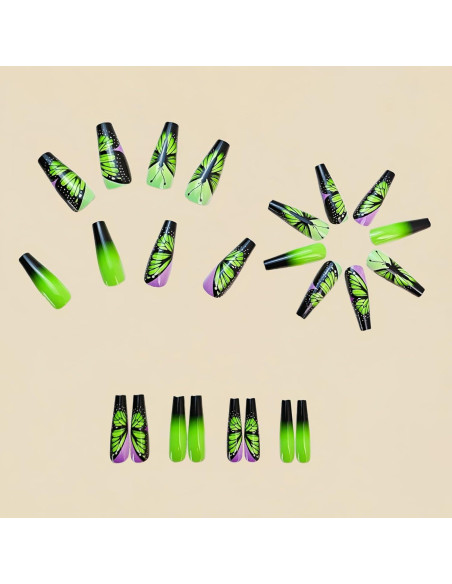 Uñas Postizas Cuadradas Negras Verdes Moradas 24PCS OCOUYVD