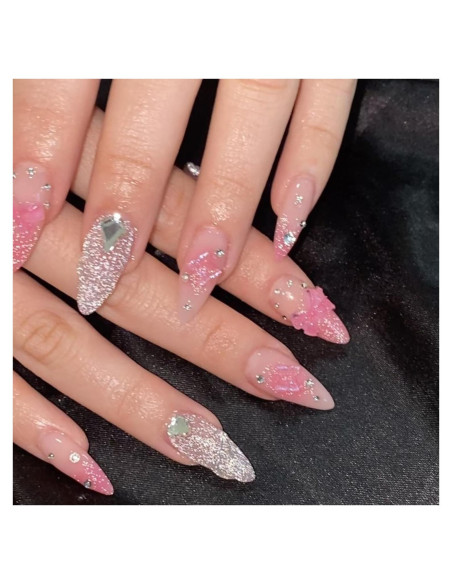 24 Uñas Postizas Almendra RIICFDD Brillo Rosa Completo