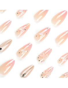 24 Uñas Postizas Almendra RIICFDD Brillo Rosa Completo 2