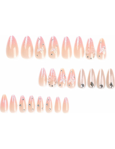 24 Uñas Postizas Almendra RIICFDD Brillo Rosa Completo