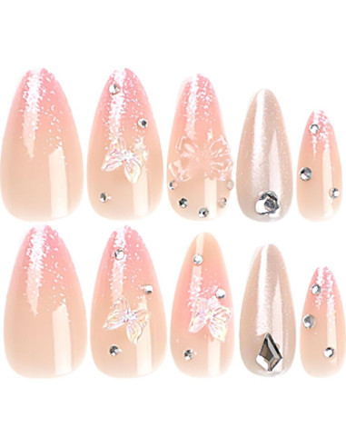 24 Uñas Postizas Almendra RIICFDD Brillo Rosa Completo