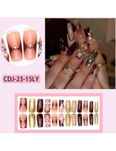 Uñas Postizas Seeneey Largas Punta Francesa 24pcs Diseño Flores 2