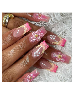 Uñas Postizas Cuadradas CTTHNBD Ombre Rosa 24 Pcs con Flores