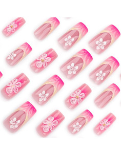 Uñas Postizas Cuadradas CTTHNBD Ombre Rosa 24 Pcs con Flores 2