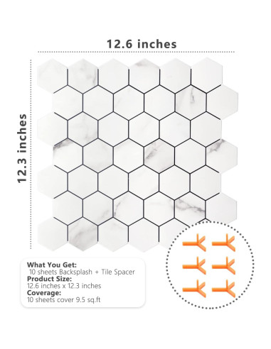 Azulejos Autoadhesivos STICKGOO Hexagonales 10 Hojas Mármol Blanco