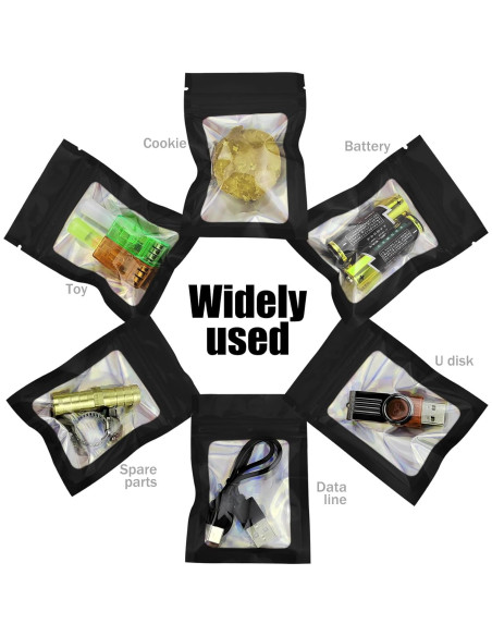 100 Bolsas Mylar Negras 6.9x10 cm con Ventana Clara CHTUGEM