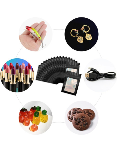 100 Bolsas Mylar Negras 6.9x10 cm con Ventana Clara CHTUGEM