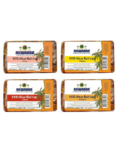 Pack de 4 Jabones Negros Africanos AKWAABA - Miel, Papaya, Zanahoria, Cúrcuma - 100% Natural 16oz