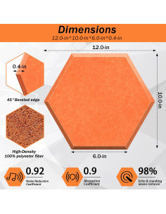 Paneles Acústicos Hexagonales DEKIRU 12 Pack Naranja 30x25 cm 2