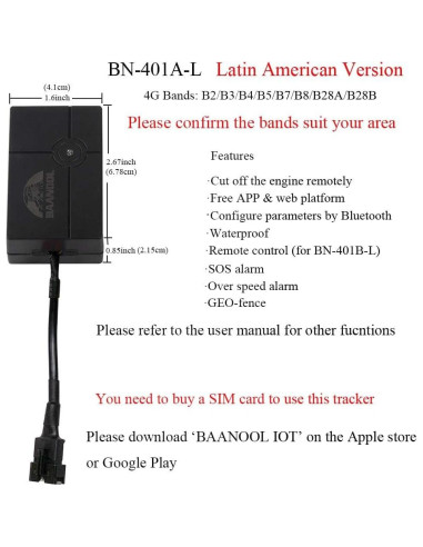 Rastreador GPS 4G BAANOOL BN-401A-L Vehículos Latinoamérica