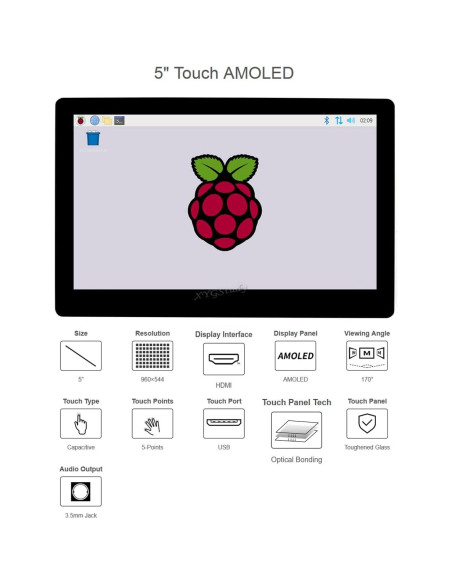 Monitor Táctil Capacitivo AMOLED 5" XYGStudy 960x544 HDMI