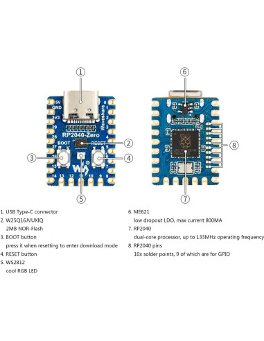 Placa Mini RP2040-Zero Waveshare con Encabezado Pre-soldado
