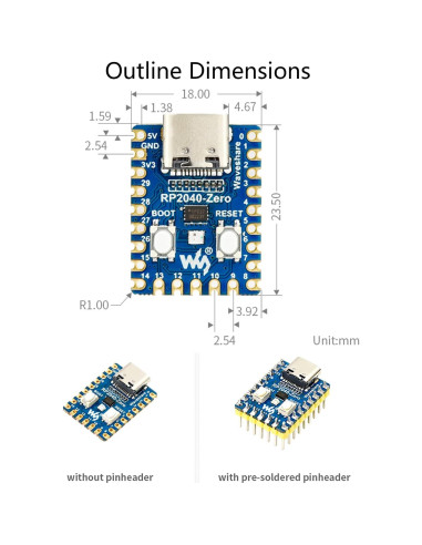 Placa Mini RP2040-Zero Waveshare con Encabezado Pre-soldado