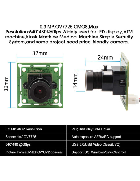 Módulo de Cámara USB ELP-USB30W02M 480P 60fps Lente 3.6mm
