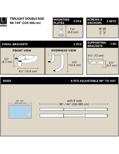 Barra de Cortina Doble Umbra Twilight 223.5-365.8 cm Níquel