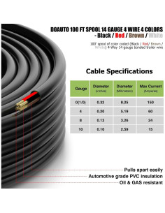 Cable de Conexión para Luz de Remolque DOAUTO 30.48m 4 Vías 14AWG 2