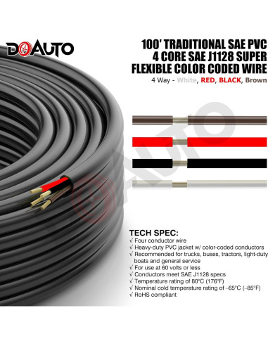 Cable de Conexión para Luz de Remolque DOAUTO 30.48m 4 Vías 14AWG