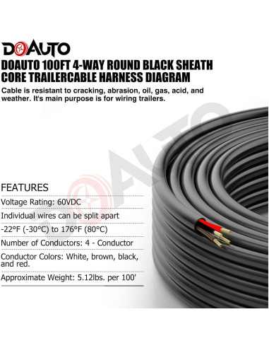 Cable de Conexión para Luz de Remolque DOAUTO 30.48m 4 Vías 14AWG
