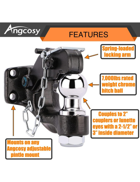 Gancho de Remolque Pintle ANGCOSY 10 Toneladas con Bola 5.08 cm