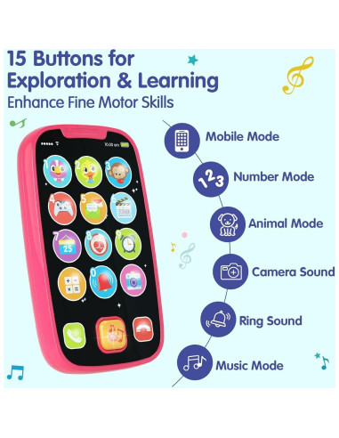 Teléfono Juguete para Bebé BABYFUNY Rosa 15 Funciones 12-18 Meses