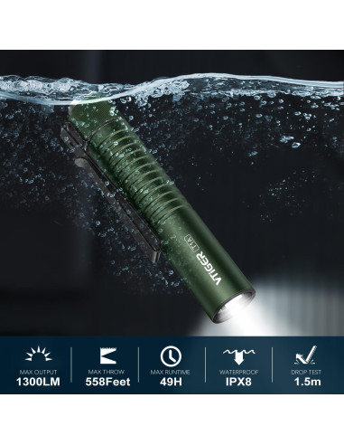 Linterna EDC VTIGER T1A Verde 1300 Lúmenes Recargable