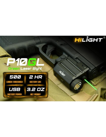 Pistola Láser Verde HiLight P10GL con Linterna 500 Lúmenes USB