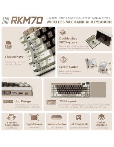 Teclado Mecánico Inalámbrico RK ROYAL KLUDGE M70 75% RGB