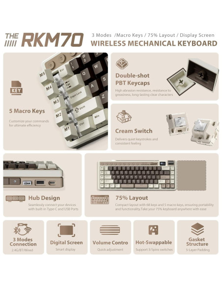 Teclado Mecánico Inalámbrico RK ROYAL KLUDGE M70 75% RGB