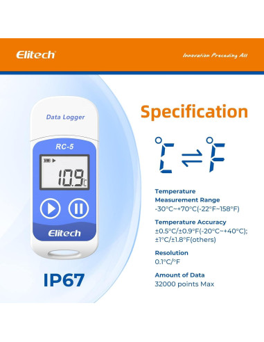 Registrador de Datos de Temperatura Elitech RC-5 USB 32000 Puntos