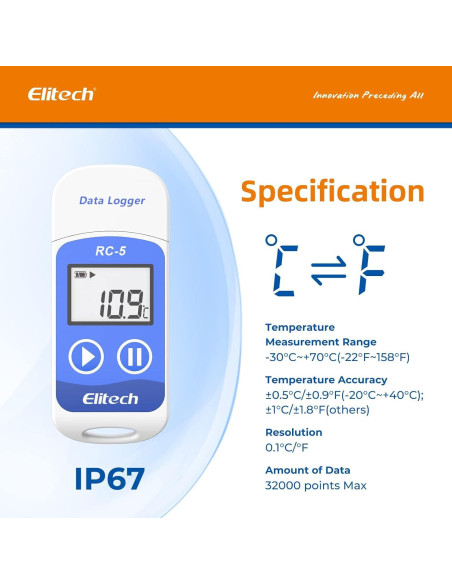 Registrador de Datos de Temperatura Elitech RC-5 USB 32000 Puntos