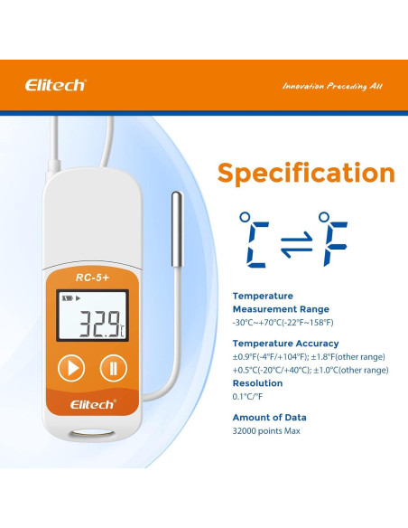 Registrador de Datos de Temperatura Elitech RC-5+ TE USB 32,000 Puntos