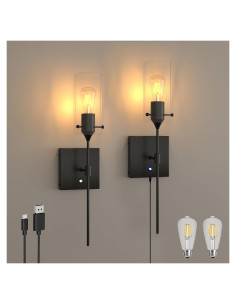Juego de 2 apliques de pared ThyFenno recargables negros