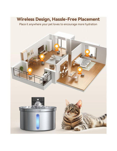 Fuente de Agua Inalámbrica para Gatos FEELNEEDY 3.5L Acero Inoxidable
