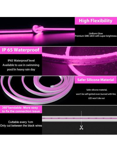 Tira LED Neón Flexible Lamomo 5m Rosa Impermeable 12V