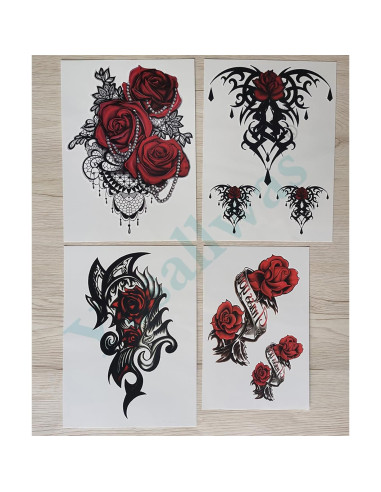 Tatuajes Temporales Yesallwas 4 Hojas Rosa y Flores 15x21cm