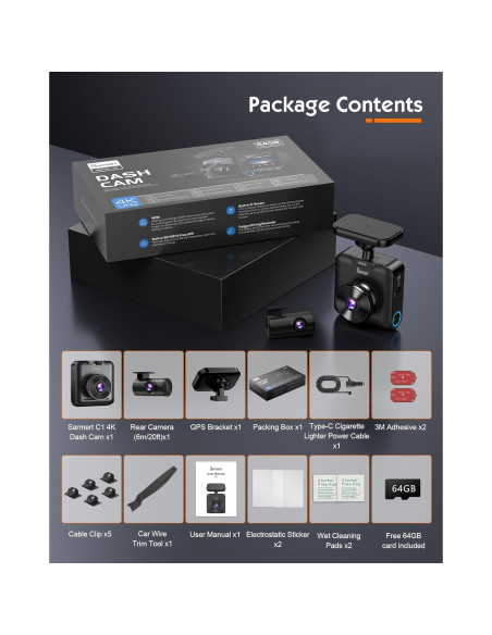 Cámara Dash Sarmert C2 4K Doble Lente GPS WiFi 5G 64GB