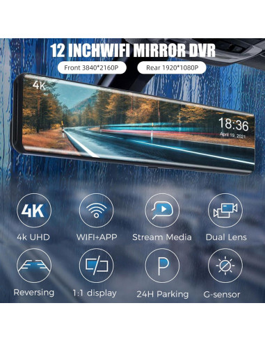 Cámara de Espejo Retrovisor 4K LNBEI con GPS y Wi-Fi